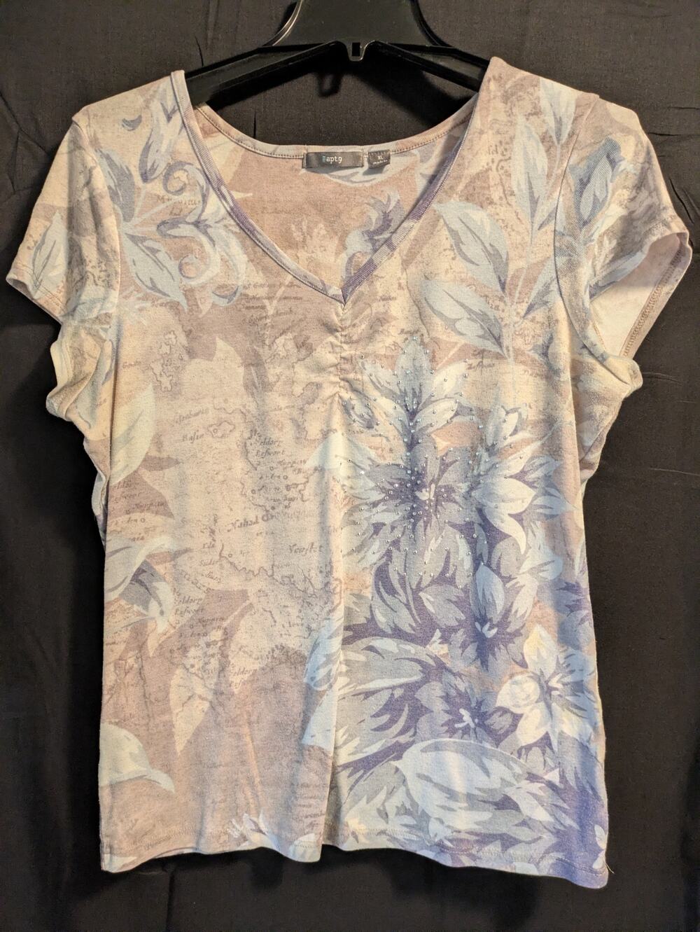 Apt 9 Floral Rhinestone Tee XL Purple Beige V-Neck Embellished Y2K Boho Shirt